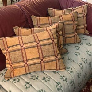 4 EKORNESS HUNTER GREEN LEATHER/PLAID CHENILLE TAPESTRY DOWN FILLED PILLOWS
